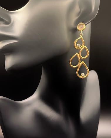 Byzantine Gold Foil Tear Drop Dangly Earrings with Crystals and Rose Gold Crystal Stud