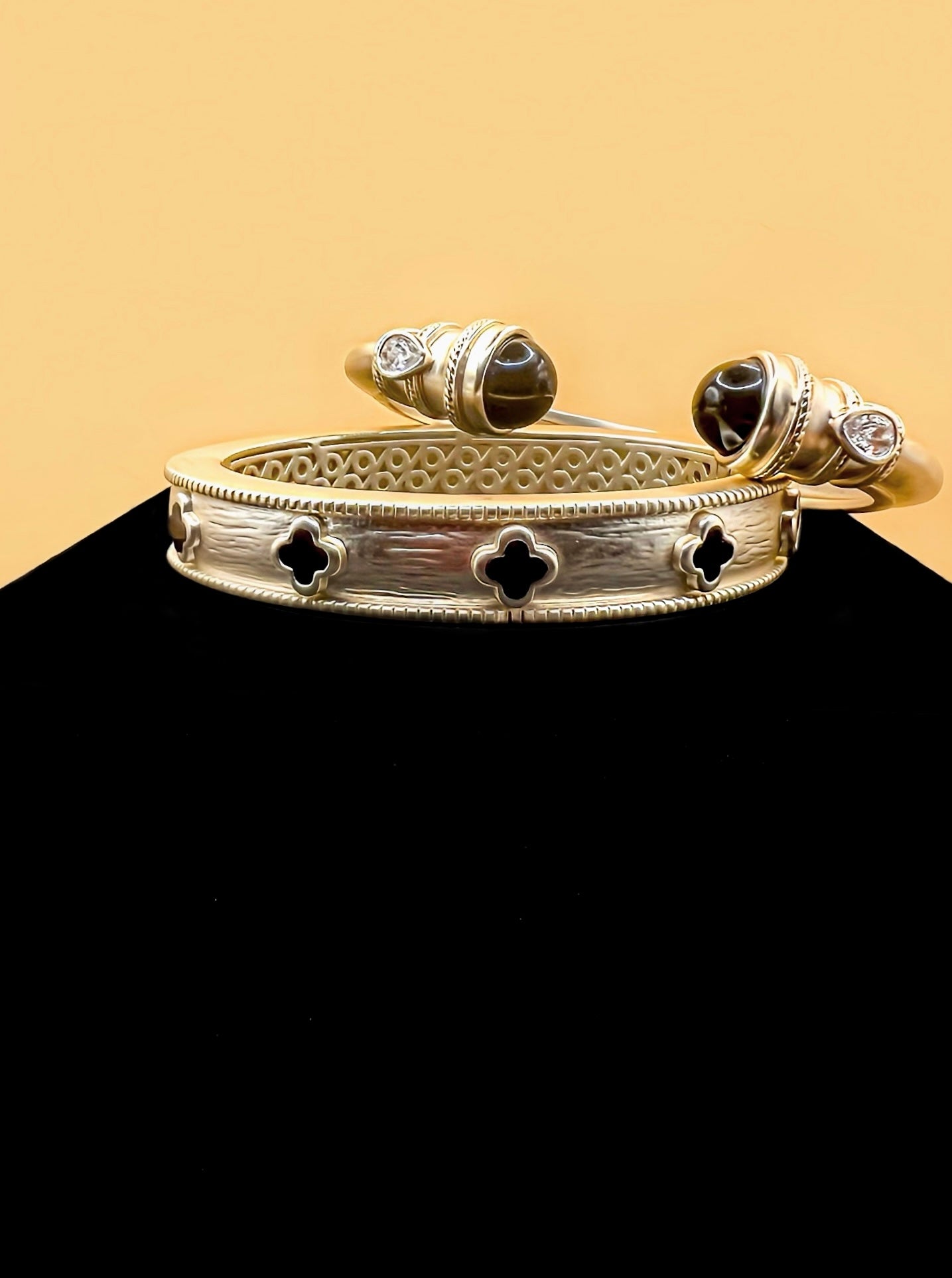 Brushed Gold Black Clover Bangle Bracelet