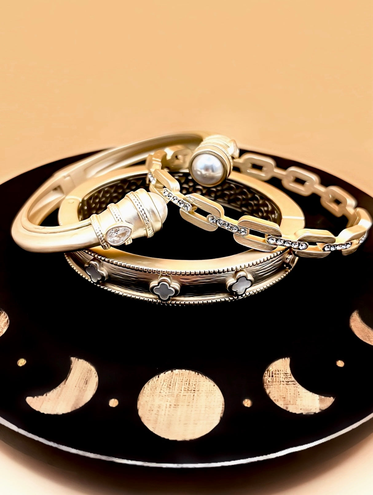 Brushed Gold Pearl Clover Bangle Bracelet