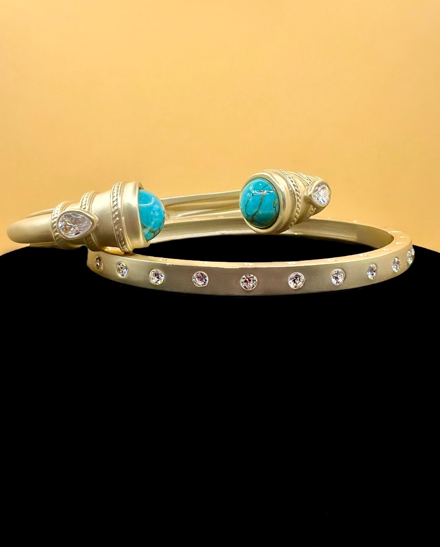 Brushed Gold Torque Cuff with Aquamarine Stones and Clear Crystals