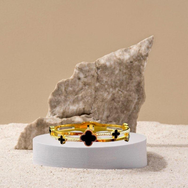 Boundless Black Clover Gold Double-Banded Crystal-Studded Bracelet