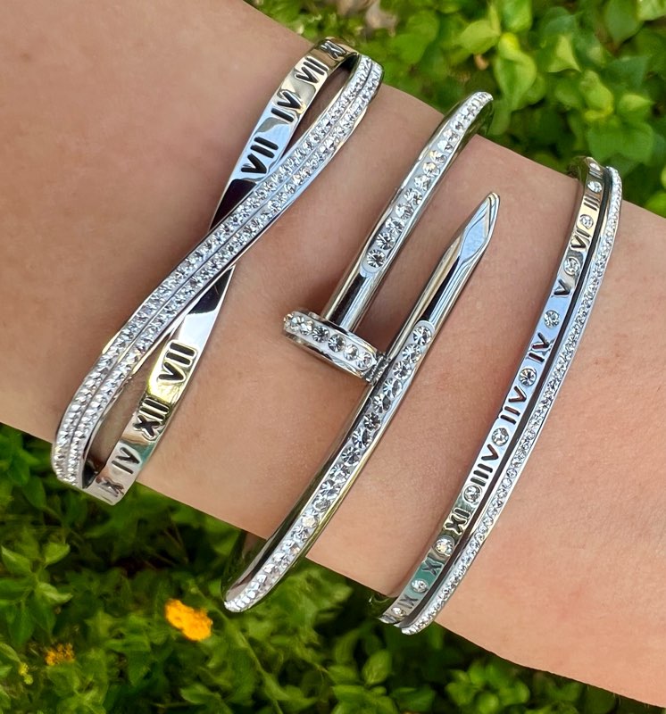 Boundless Silver Roman Numeral Crystal Studded Double Stacked Bracelet