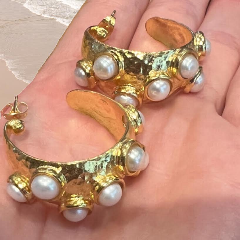 Byzantine Hammered Gold Med-Large Hoops with Pearl Details