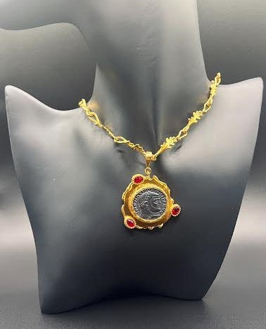 Byzantine Imperial Maxim Roman Coin Necklace with Ruby Red Stones and Gold Leaves Chain