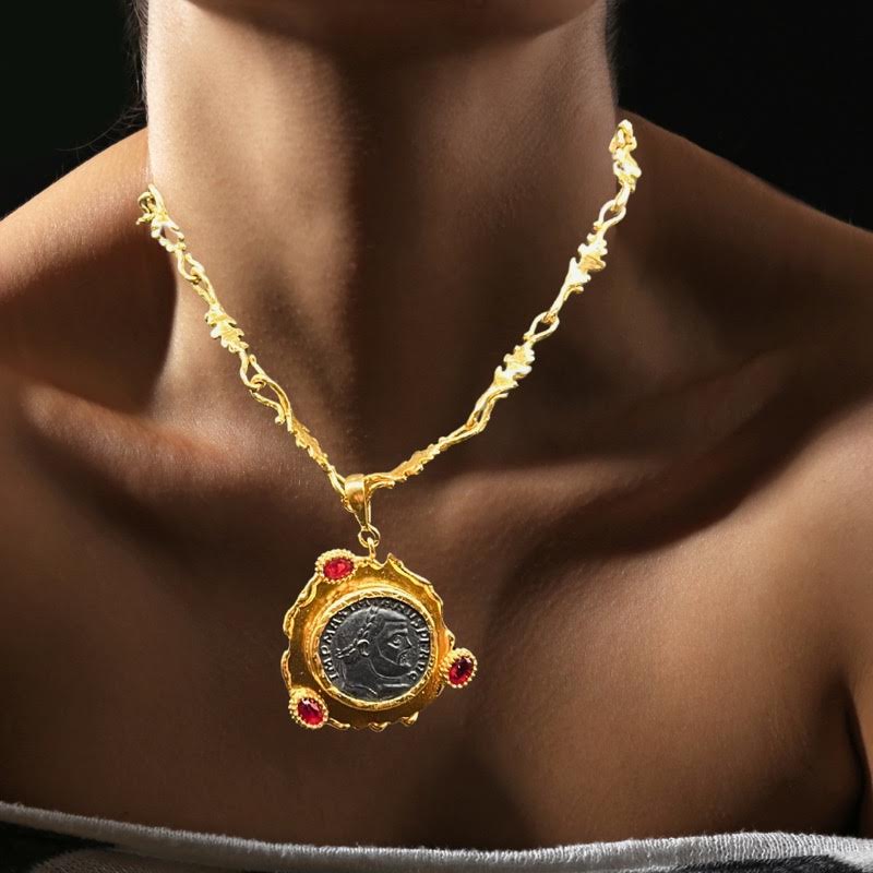 Byzantine Imperial Maxim Roman Coin Necklace with Ruby Red Stones and Gold Leaves Chain