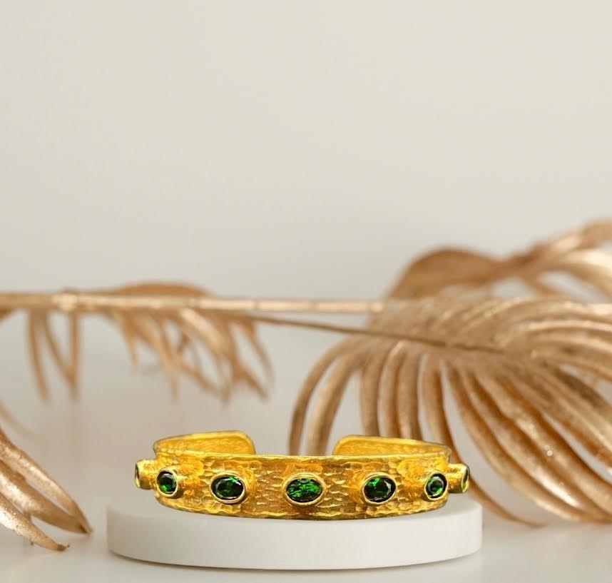 Byzantine Hammered Gold Medium Cuff with Green Stones