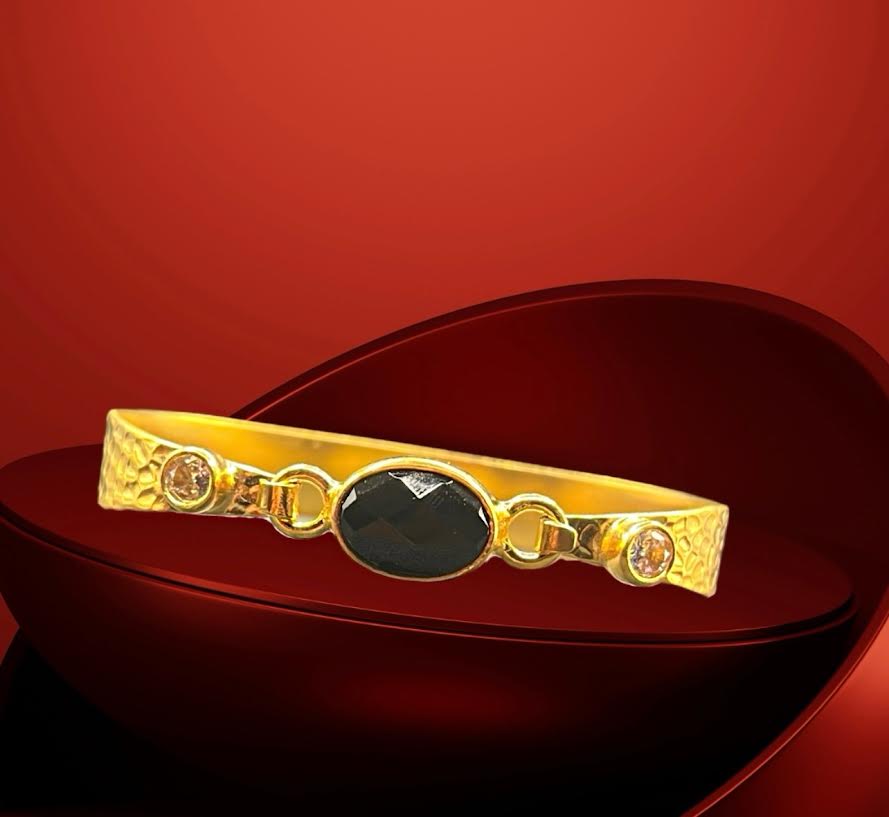 Byzantine Hammered Gold Dual Crystal Bracelet with Onyx Center Stone Thin-Med