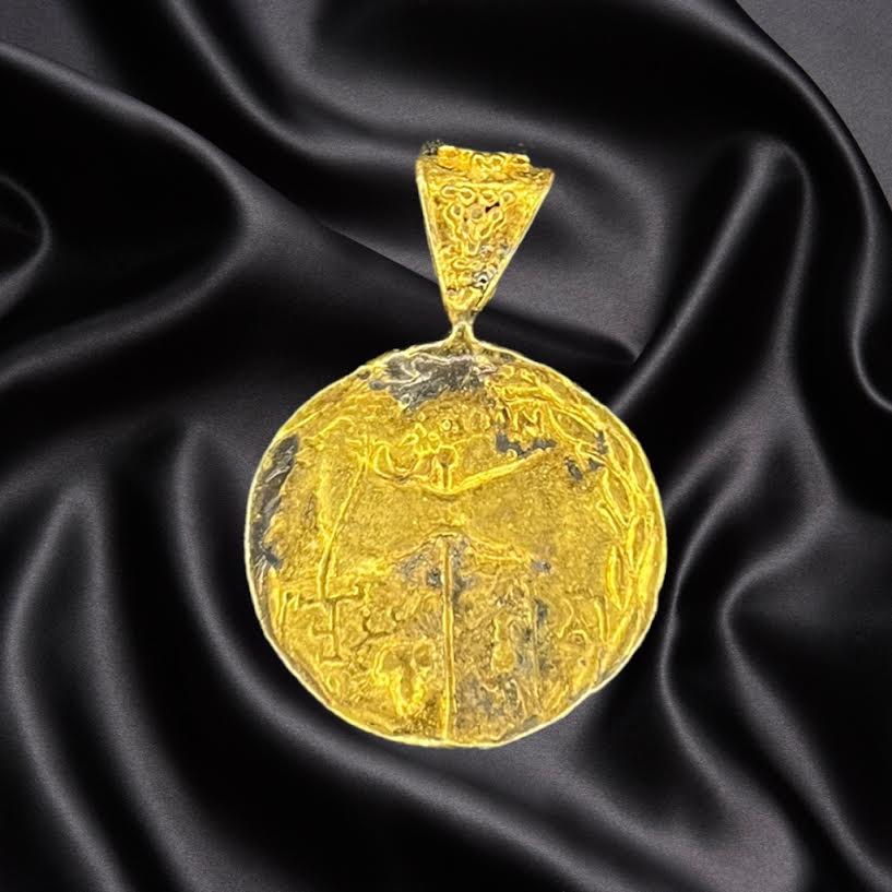 Byzantine Gold-Dipped Dual Faces Roman Coin Pendant with Hammer Symbol on Back - Med