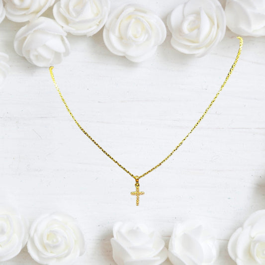 Boundless Gold Crystal Studded Tiny Delicate Cross with Gold Chain