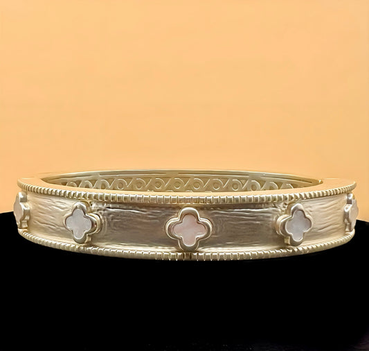 Brushed Gold Pearl Clover Bangle Bracelet