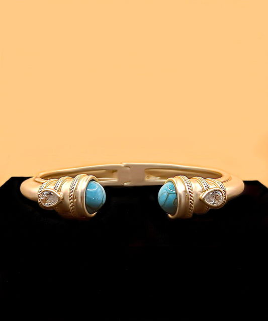 Brushed Gold Torque Cuff with Aquamarine Stones and Clear Crystals