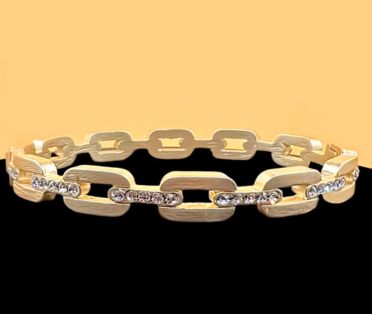 Brushed Gold Chain Link Crystal Bangle Bracelet